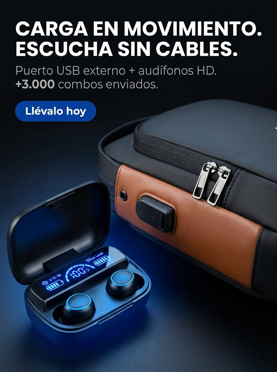 COMBO-AUDÍFONOS BLUETOOTH M10 + CANGURO ANTIRROBO CON PUERTO USB