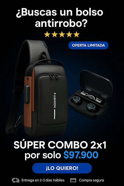COMBO-AUDÍFONOS BLUETOOTH M10 + CANGURO ANTIRROBO CON PUERTO USB